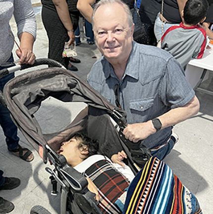 Lady with missing foot and cups used to help her to stand and walk.